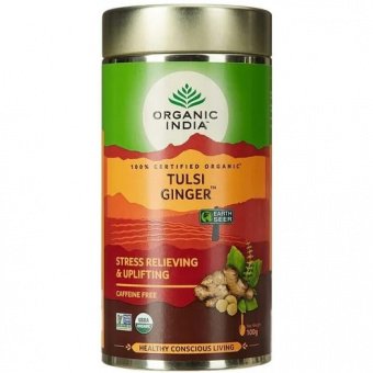 Чай тулси с имбирем без кофеина 100г Органик Индия Tulsi Ginger Organic India
